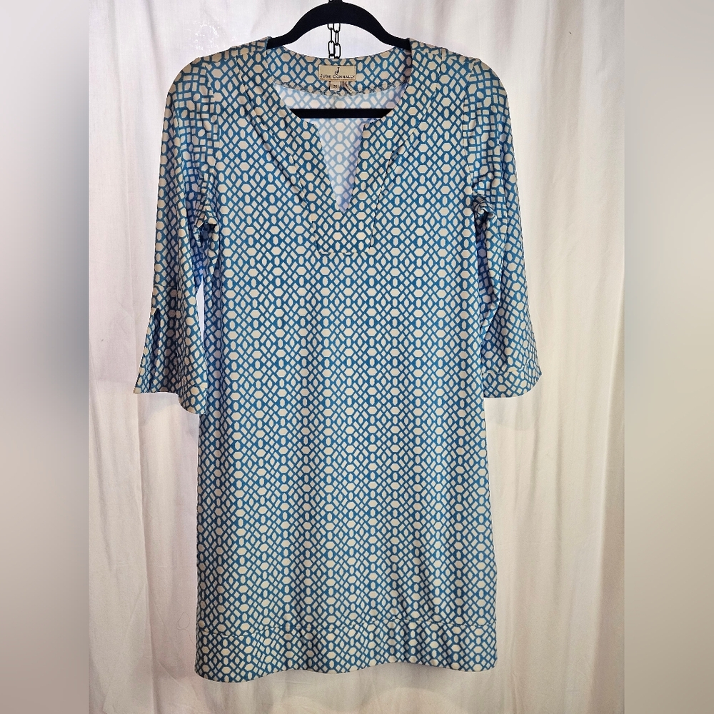 Jude Connally Blue and White Geometric Shift Dress